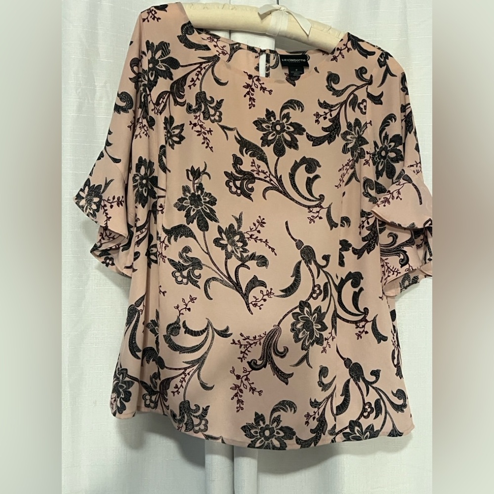 Liz Claiborne Pink Floral Short Ruffle Sleeve Blouse Women's Size Medium - Picture 2 of 13